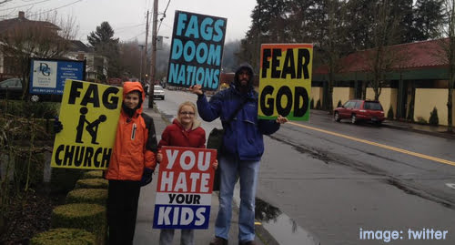 Westborough Baptist church display anti-gay banners at picket